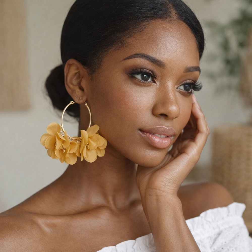 nOir Jewelry Gold Hoop Floral Earrings Mustard Flower Statement - Picture 3 of 8